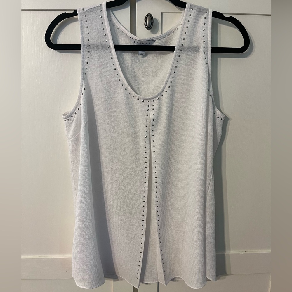 Tribal Studded Sleeveless White Blouse Top Size Medium